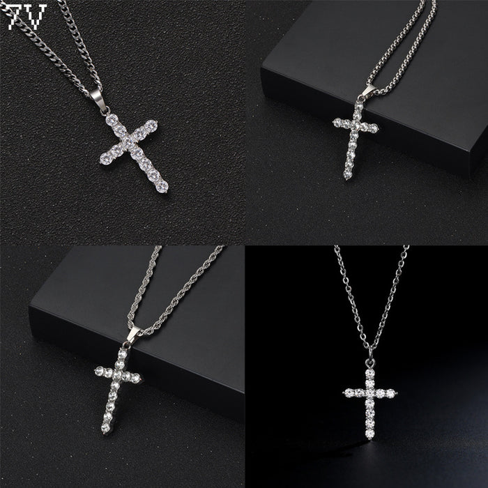 Wholesale Full Diamond Cross Necklace Titanium Steel Accessories Personalized Sweater Chain