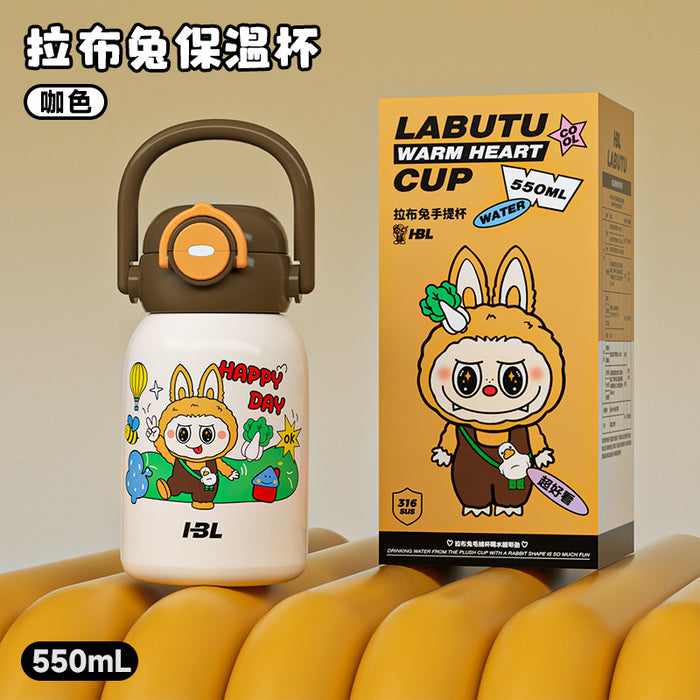 Wholesale New 316 Stainless Steel Cartoon Children' s Thermos Cup with Double Drinking Straw,  Cute Student Portable Cup with Handle