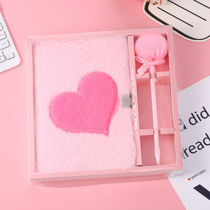Wholesale Heart-Shaped Lock Plush Notebook Cartoon Lock Pink Plush Notebook Set