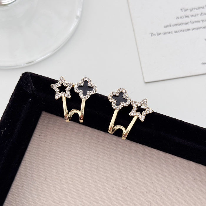 Wholesale Silver Needle Exquisite Four Leaf Petal Earrings with Water Diamond Pentagram Earrings, Fashionable and Personalized Small Earrings Wholesale