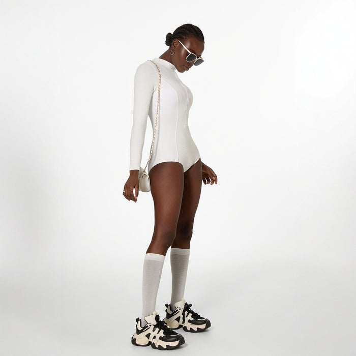 Wholesale White long sleeved swimsuit, new one-piece swimsuit, solid color hot spring diving suit