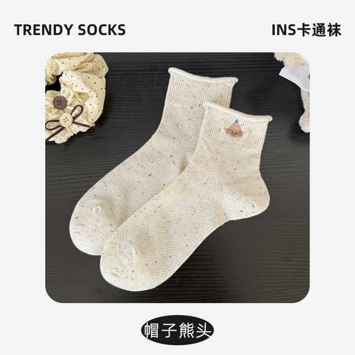 Wholesale Curled edge socks made of pure cotton, thin design, mid tube socks, sweat absorbing, odor proof, butterfly knot, versatile stacking socks