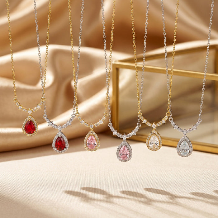 Wholesale Titanium Steel Gold Plated Teardrop Pendant Necklace with Red Cubic Zirconia MOQ≥2