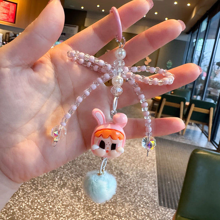 Wholesale Cute Cartoon Doll Bow Keychain Beaded Car Key Chain Fur Ball Backpack Pendant