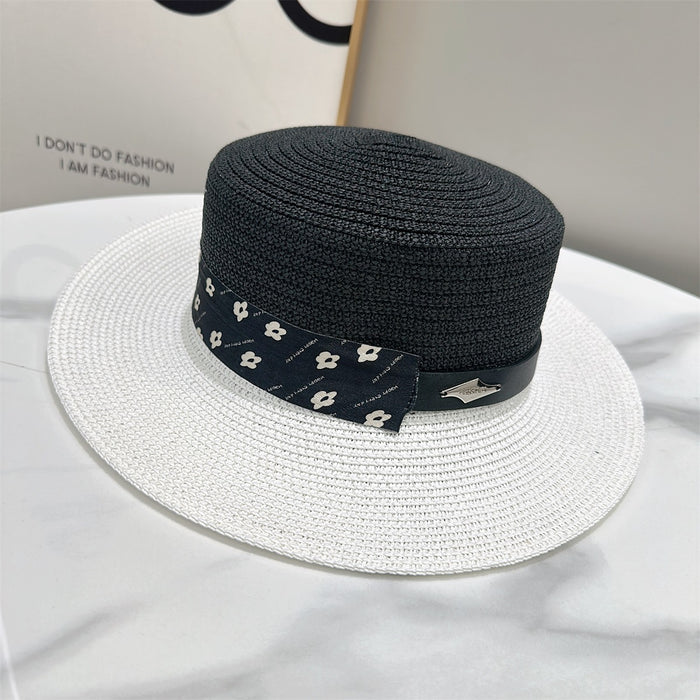 Wholesale Belt splicing sunshade straw hat casual flat top hat sunshade straw hat