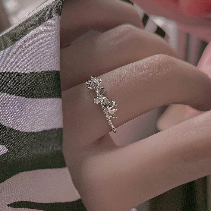 Wholesale Rising Sun Flower Cat Ring Niche Fashion Personalized Light Luxury French Advanced Flash Diamond Finger Ring Open Finger Ring