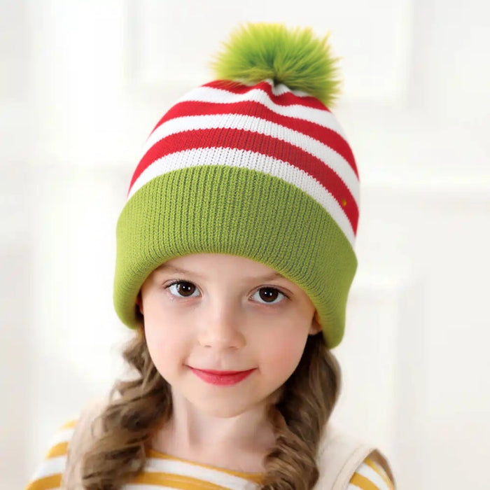 Wholesale Children' s Christmas Knitted Hat Red and Green Striped Fur Ball Knitted Hat