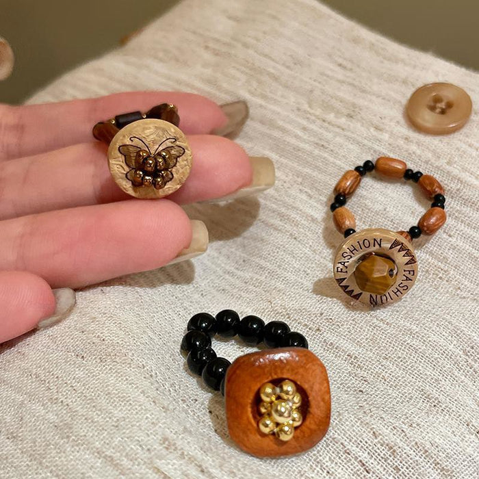 Wholesale Vintage brown beaded ring, wooden personalized bracelet, stacked with index finger ring