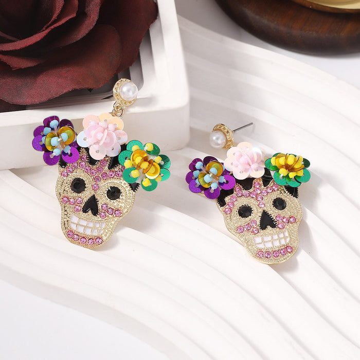 Wholesale Halloween Zinc Alloy Inlaid Zircon with Sequins Flower Skull Earrings JDC-ES-YueLi020