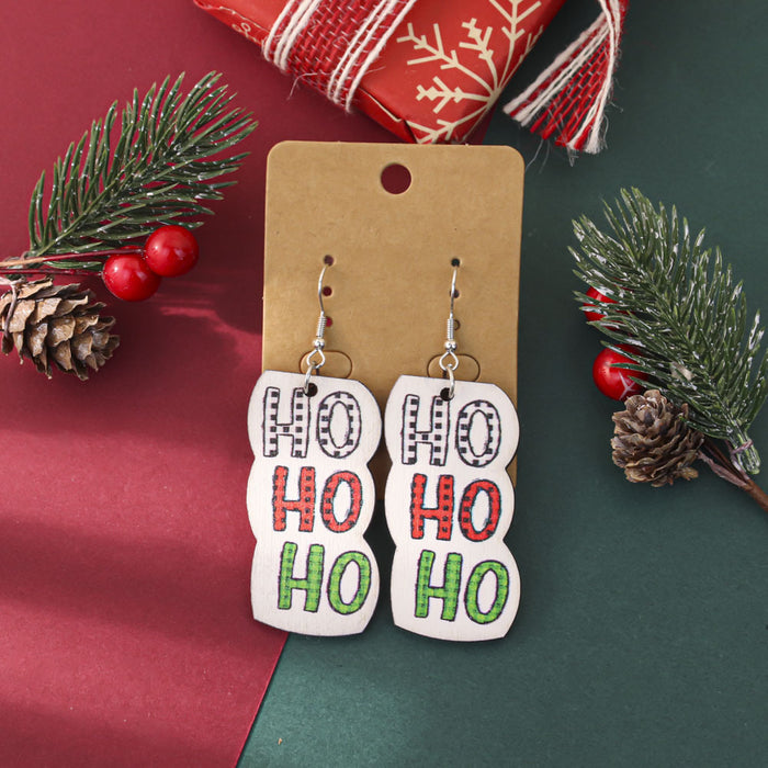 Wholesale Cartoon Christmas element printed wooden earrings for women Christmas tree earrings