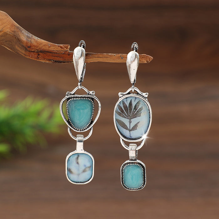 Wholesale Retro ethnic style asymmetrical geometric inlaid blue gemstone printed plant alloy earrings