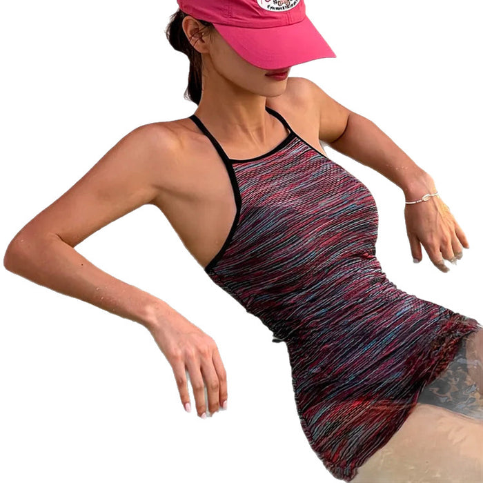 Wholesale Women's new color blocked striped camisole, backless waist bag, hip skirt, one-piece hot spring swimsuit