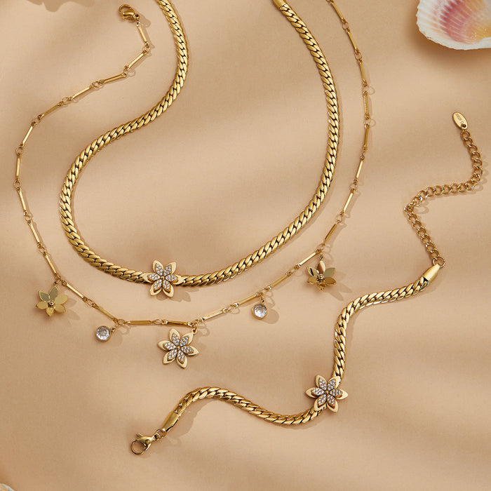 Wholesale 3D Stainless Steel Flower Bracelet &  Layering Necklace Set
