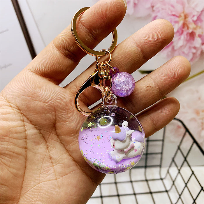 Wholesale Creative liquid oil key chain quicksand key chain crystal ball unicorn floating car cute bag small pendant