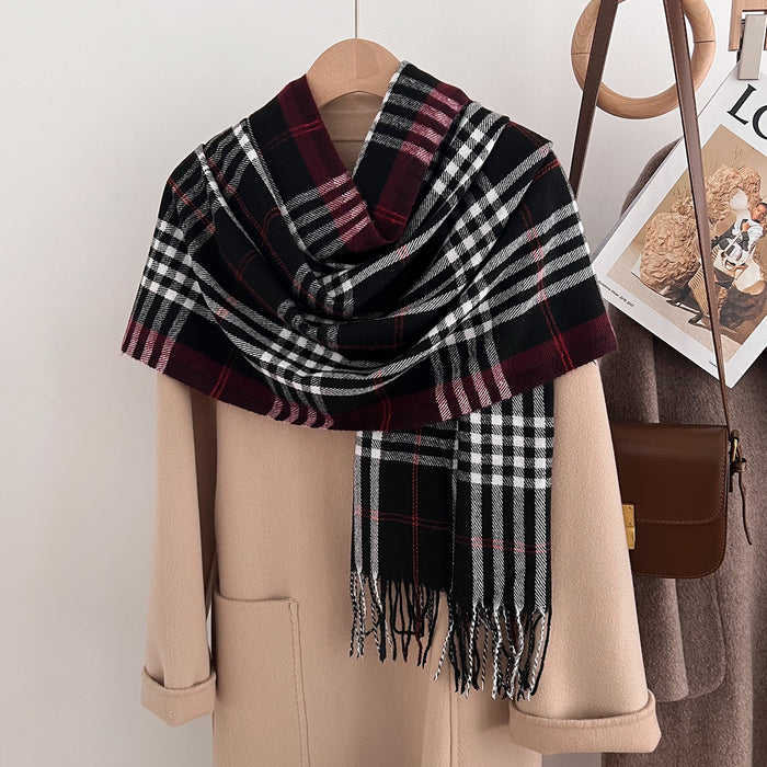 Wholesale  Winter Classic Plaid Faux Cashmere  Tassel Shawl