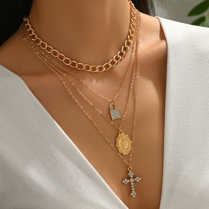Wholesale Diamond studded cross pendant necklace with temperament, multi-layered collarbone chain