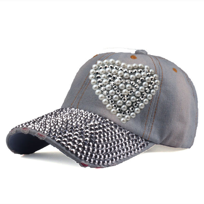 Wholesale Full-brimmed rhinestone baseball cap with heart-shaped rhinestone pattern