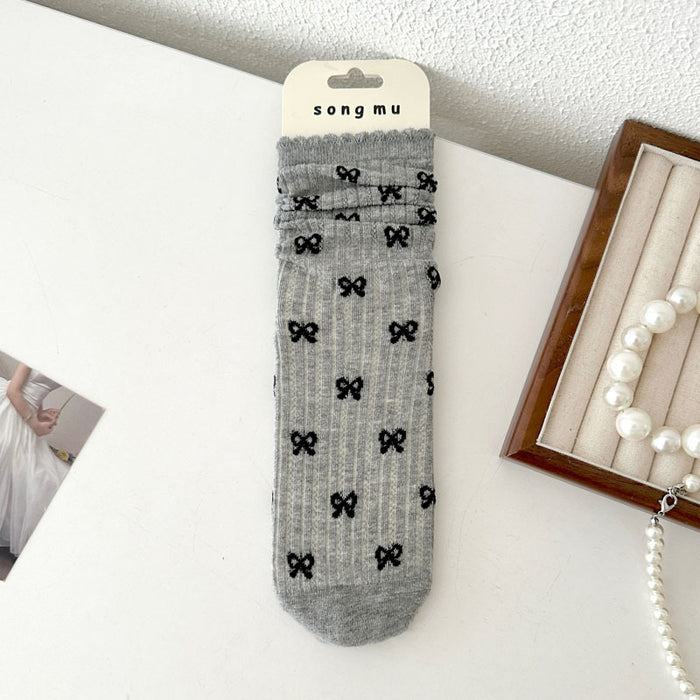 Wholesale Thin mid tube bow lace pile socks with mesh breathable cotton