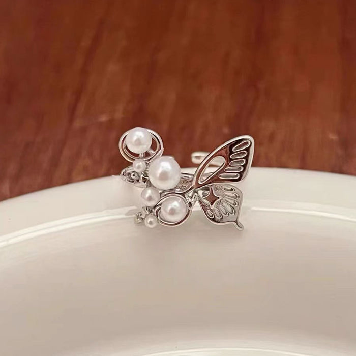 Wholesale Sweet butterfly ring, gentle and elegant temperament, pearl opening ring, fashionable layering