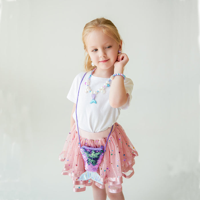 Wholesale Children' s new synthetic pearl jewelry set cute cartoon mermaid tail beaded necklace bracelet earring set