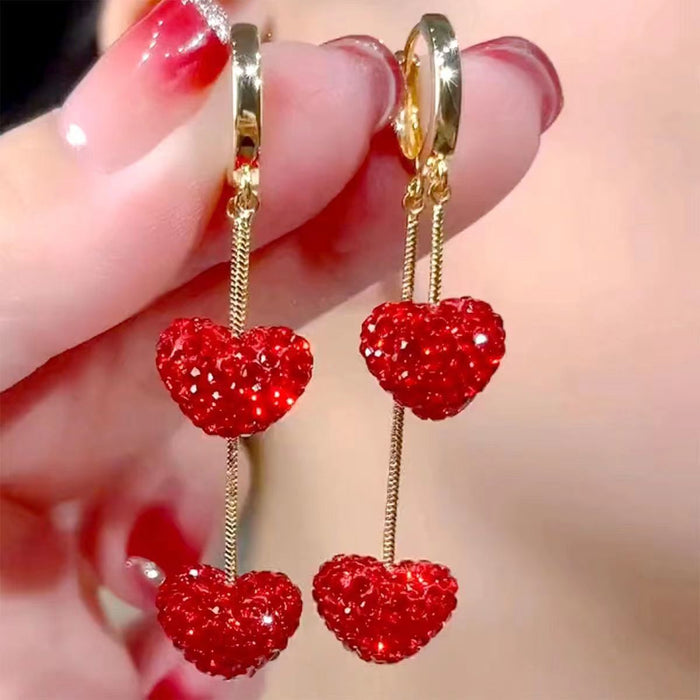 Wholesale Fashionable red heart-shaped long earrings with high-end, simple, versatile and exquisite full diamond earrings