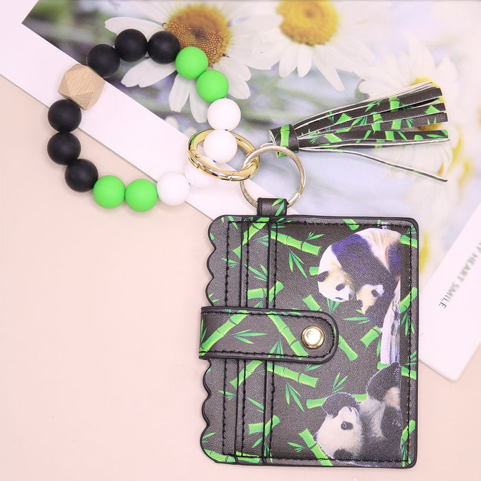 Wholesale silicone wrist bracelet silicone bead card holder plant printed PU ID card holder DIY beaded pendant