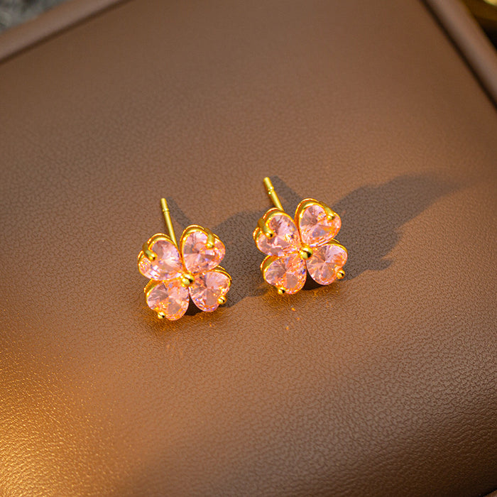 Wholesale Copper-set zircon four-leaf clover colored Titanium steel pendant necklace and earring set