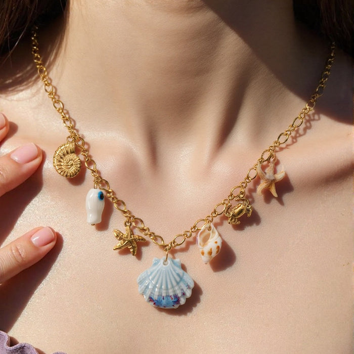 Wholesale Stainless Steel Necklace Exaggerated Big Fishtail Colorful Big Shell Ocean Style Multi-Element  Gold Clavicle Chain