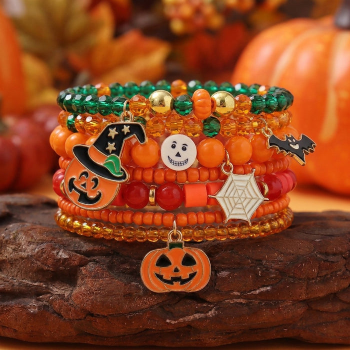Wholesale Alloy Bracelet Set - 7pcs Funny Pumpkin Bat Beaded Bracelets