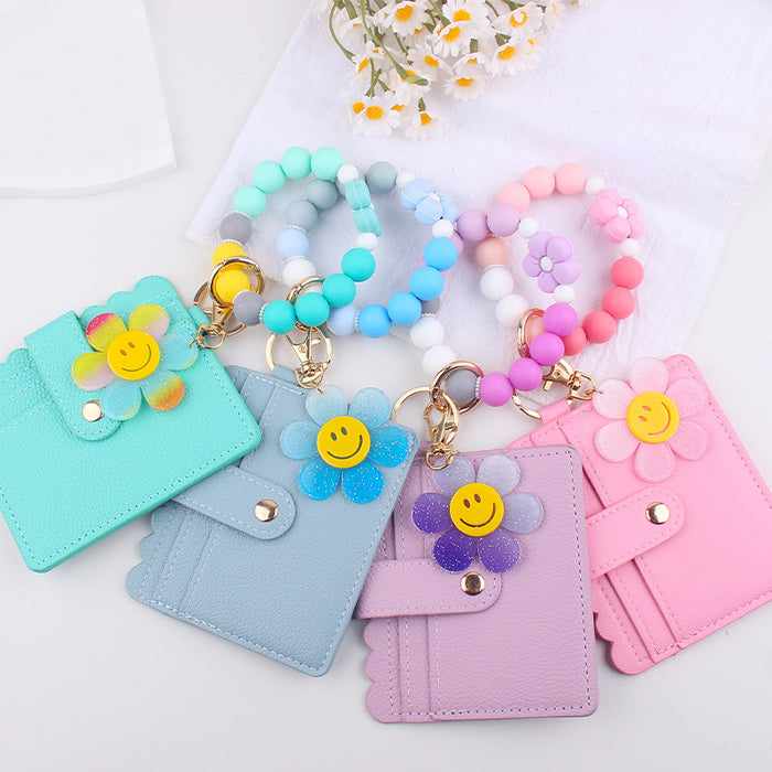 Wholesale Cartoon Sunflower Flower Card Holder Jewelry Beaded DIY Silicone Bracelet Bracelet Wallet Keychain Pendant