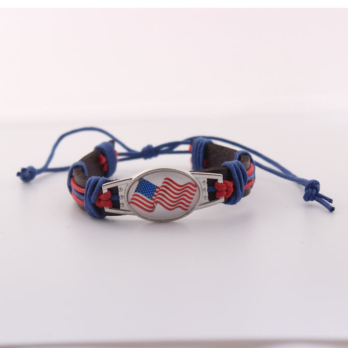 Wholesale Flag genuine leather woven bracelet with adjustable DIY zinc alloy red, white, and blue bracelet