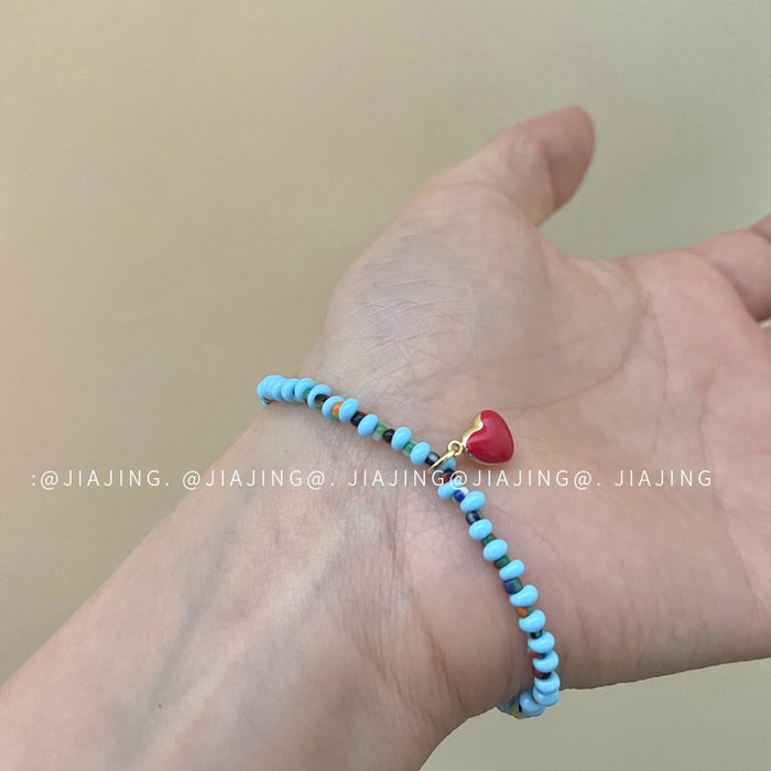 Wholesale Blue bead red heart bracelet, new bracelet with niche design and temperament