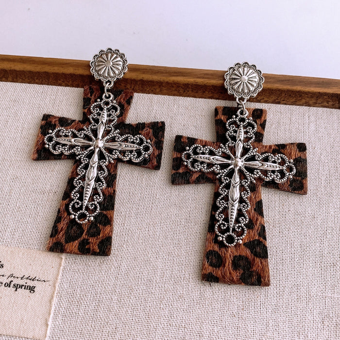 Wholesale Western-style leather leopard print cross earrings