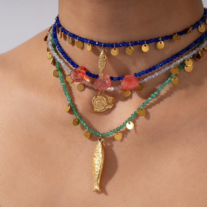 Wholesale Fashionable and personalized natural stone necklace paired with stainless steel pendant, exquisitely handmade necklace