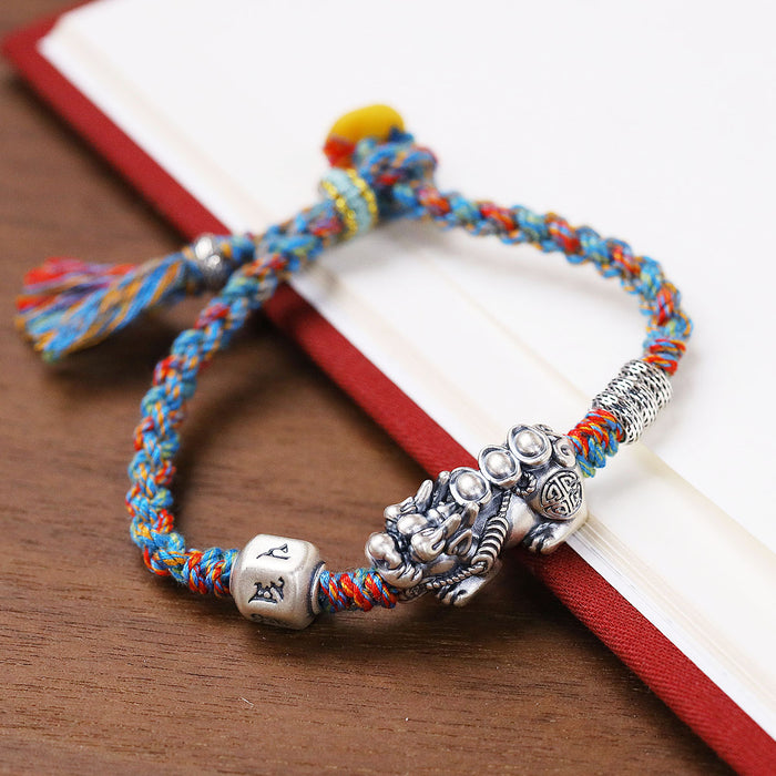 Wholesale Foot Silver Pixiu Bracelet, Handmade, Personalized Cotton Rope, Hand Rope for Women to Attract Wealth and Treasure, Hand Ornament