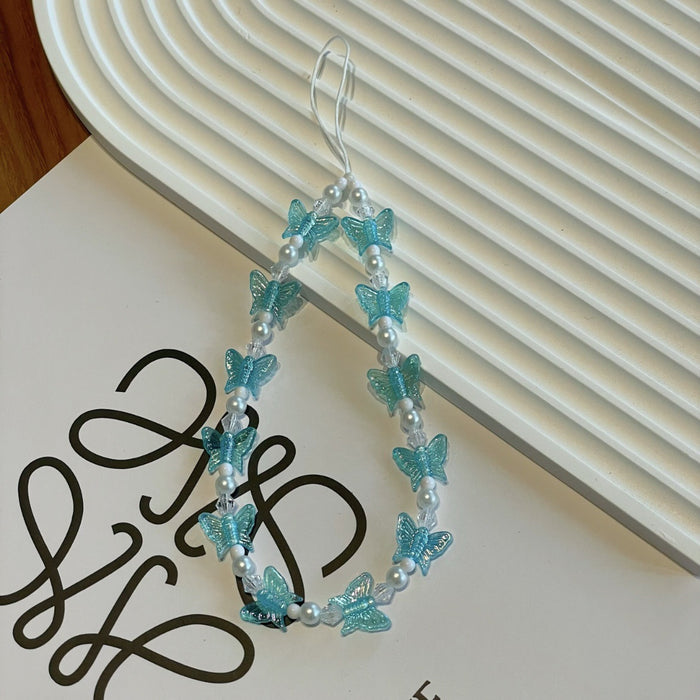 Wholesale Acrylic Imitation Pearl Beaded Mobile Phone Butterfly Mobile Phone Key Hanging Chain