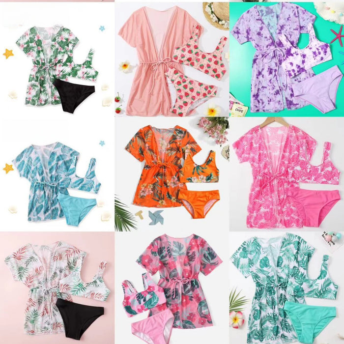 Wholesale Children's split swimsuit with waist cinching, sun protection print, girls' swimsuit