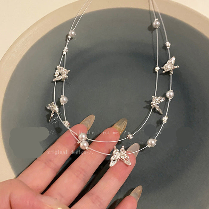 Wholesale Double-layer Pearl Butterfly Clavicle Chain Women's  All-match Accessories  Necklace
