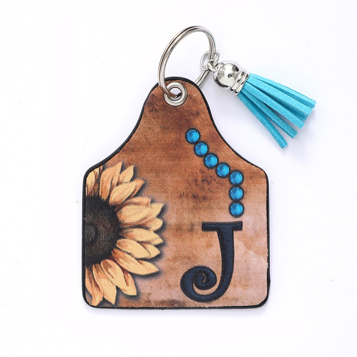 Wholesale Leather Sunflower Letter Tassel Keychain Pendant