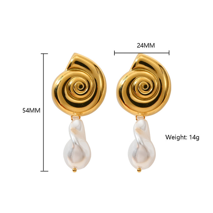 Wholesale Temperamental Conch Design Stainless Steel Pearl Earrings Color Preserving Electroplating