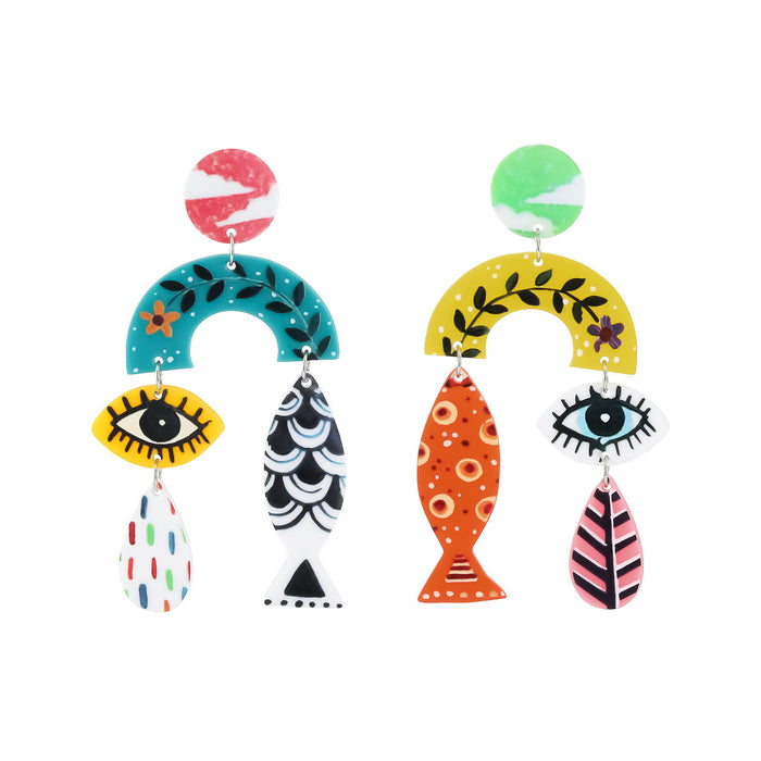 Wholesale environmentally friendly acrylic earrings personality fish eyes leaf printing vintage earrings