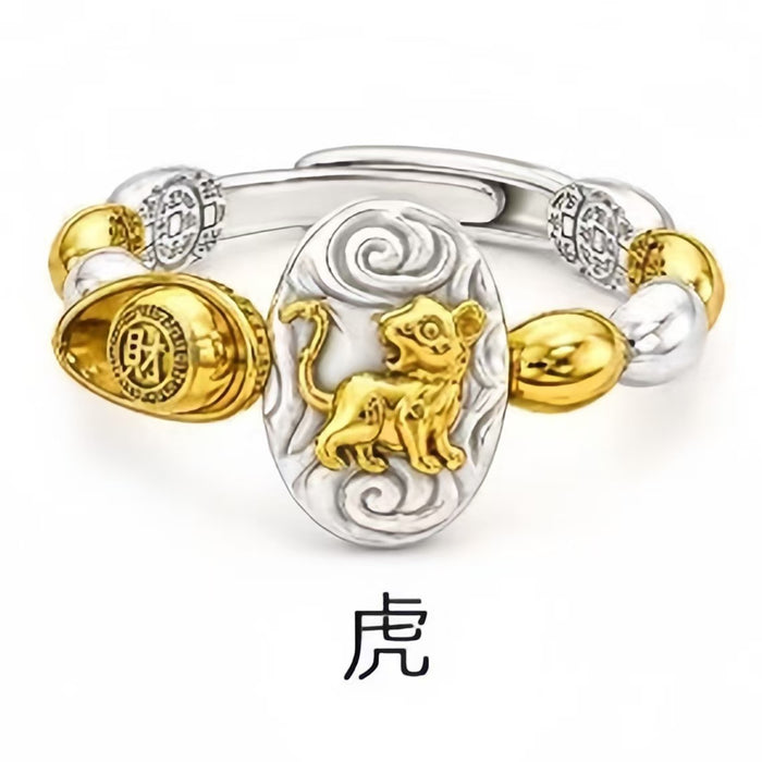 Wholesale Chinese Zodiac Rat Adjustable Open Ring Seven Grain Retro Gold Plated Copper Unisex Jewelry Boutique Resale Gift
