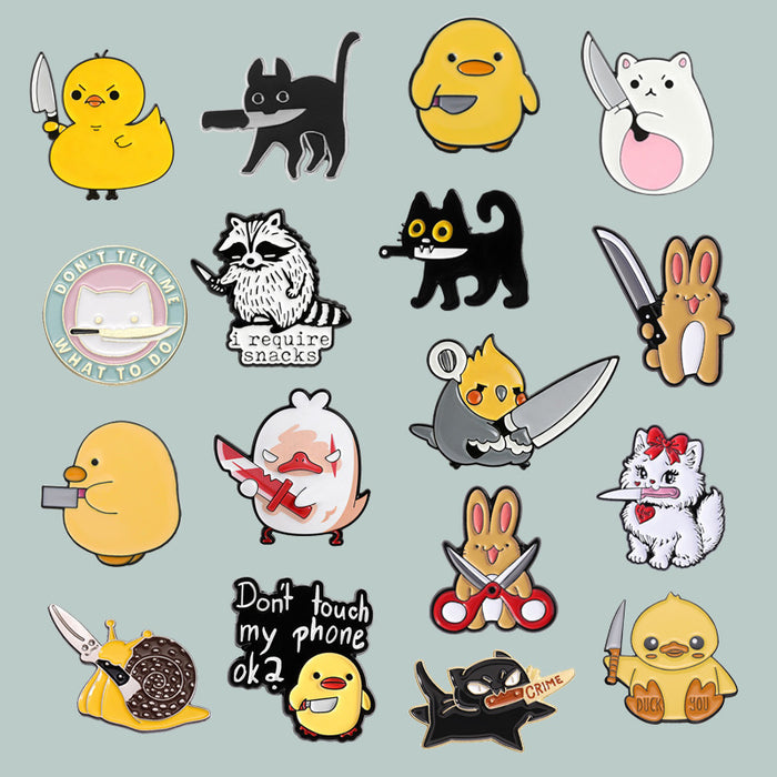 Wholesale Funny Cartoon Cat Duck Enamel Pin Set Knife Wielding Brooch Zinc Alloy Baking Finish Jewelry Accessory For Resale