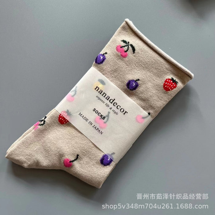 Wholesale Fruit and flower loose mouth rolled edge mid tube socks, simple cotton socks