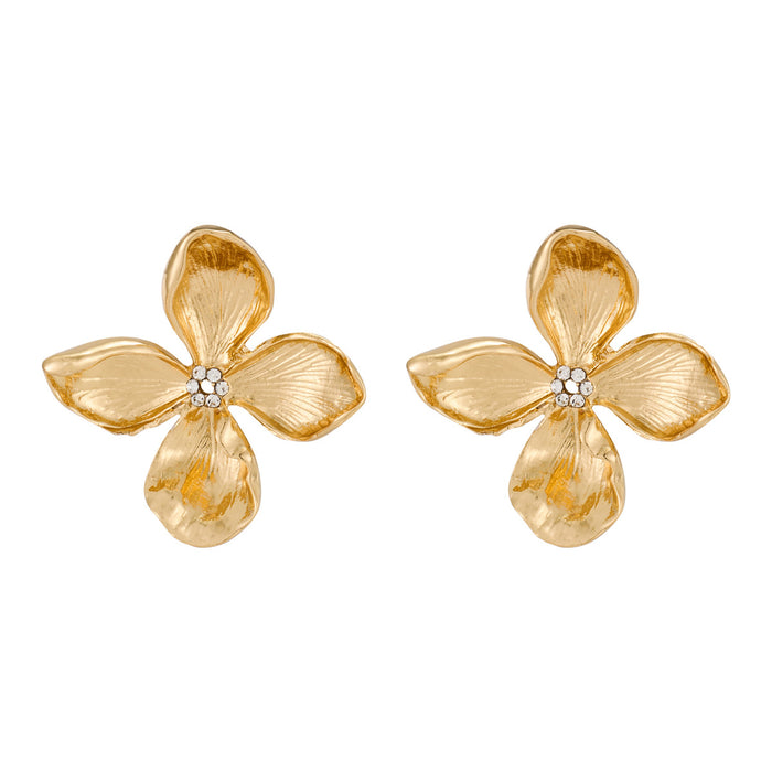Wholesale Vintage pleated flower earrings set with diamonds, simple and elegant metal earrings