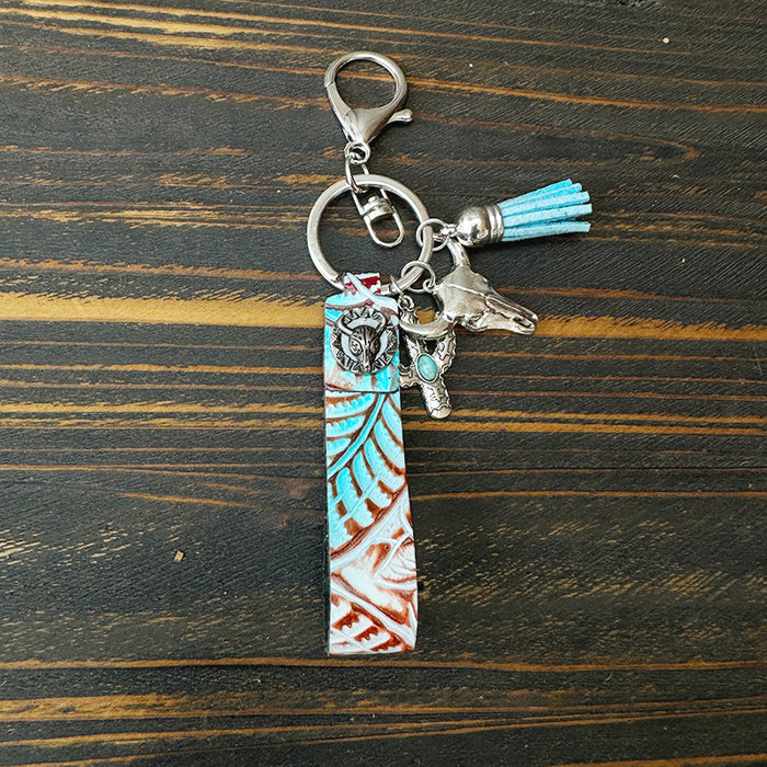 Wholesale Genuine Leather Western Cowboy Retro Keychain Turquoise Pendant Decorative