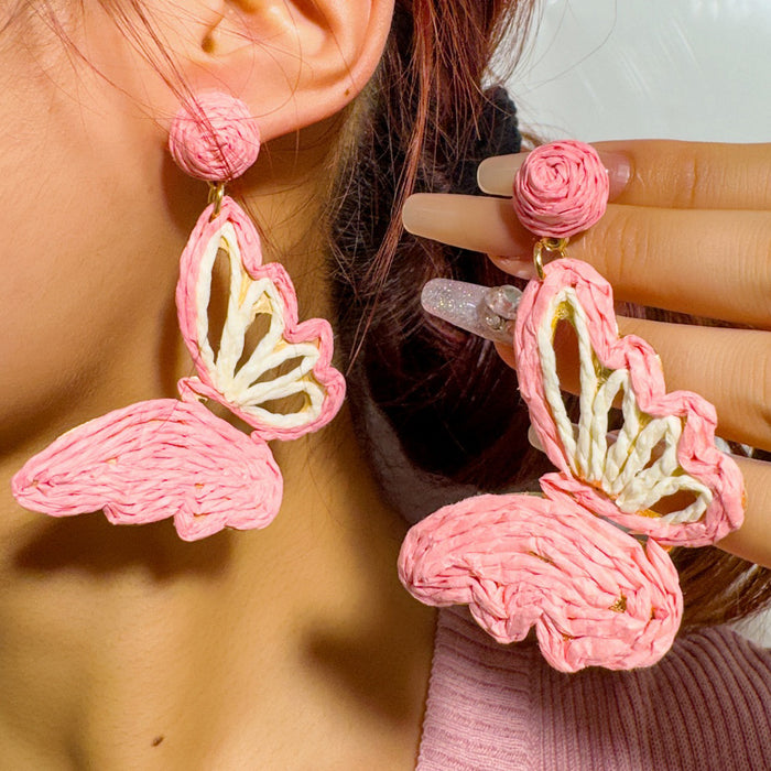 Wholesale Vacation Style Handmade Raffia Flower Earrings Red Jewelry Accessory MOQ≥5