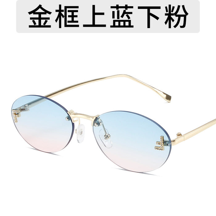 Wholesale Elliptical frame small frame sunglasses, new frameless cut edge personalized glasses, dot diamond sunglasses
