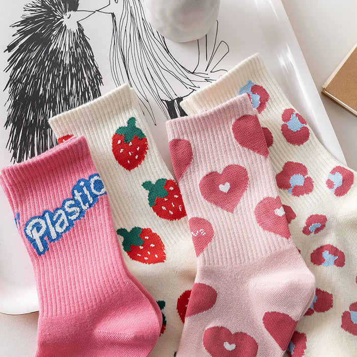Wholesale Pink letter love strawberry socks, children's fashionable and versatile cute long socks, mid tube socks