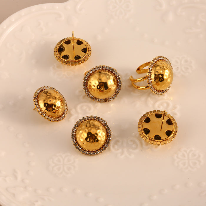 Wholesale Fashionable stainless steel texture earrings with zircon half circle earrings and ring set color preservation wholesale